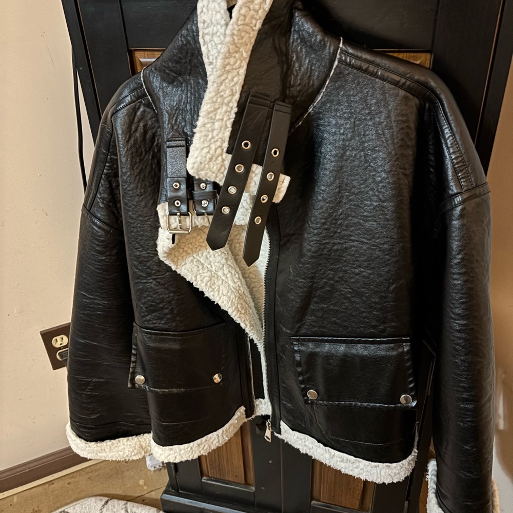 Stylish Black and White Shearling Bomber Jacket